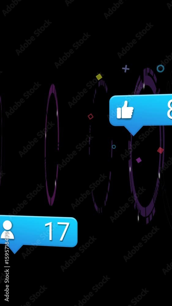 Poster floating social media notifications with colorful shapes on dark animation background