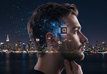 The image showcases a man's profile overlaid with a circuit board, set against a cityscape.