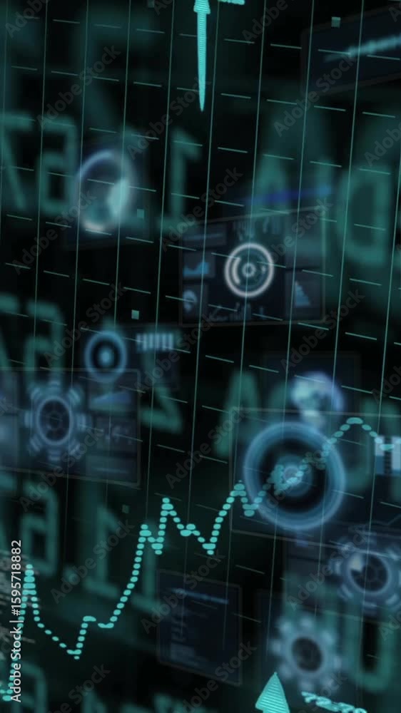 Poster digital financial data and graphs processing animation over grid background