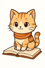 本の上に座るマフラーをしたかわいい子猫