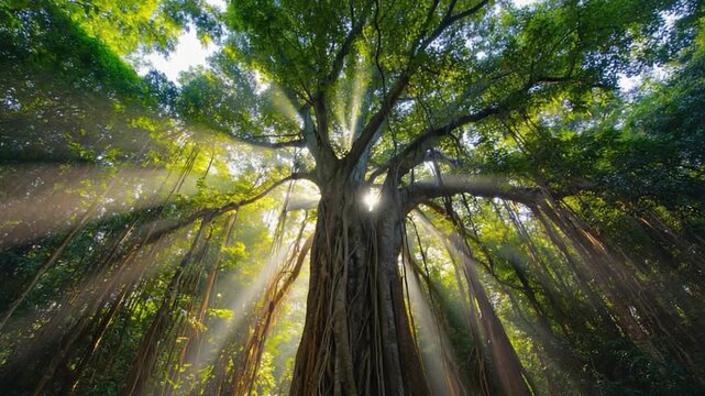 Sunlight filtering through a dense jungle canopy, highlighting the massive roots and branches of a large fig tree
