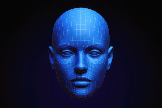 Blue 3 D rendered human face with wireframe grid on dark blue background front view