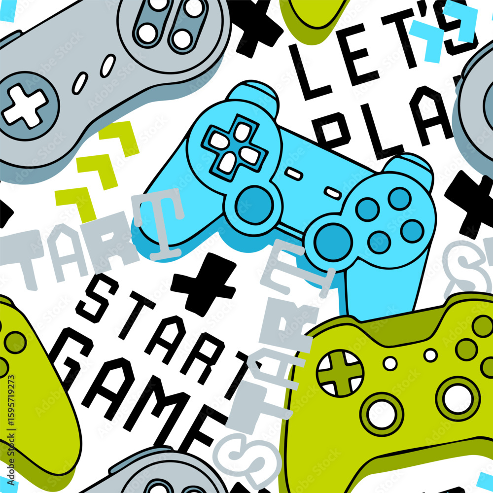 Poster seamless abstract pattern with joysticks game and words. bright neon colorful vector print for boys.
