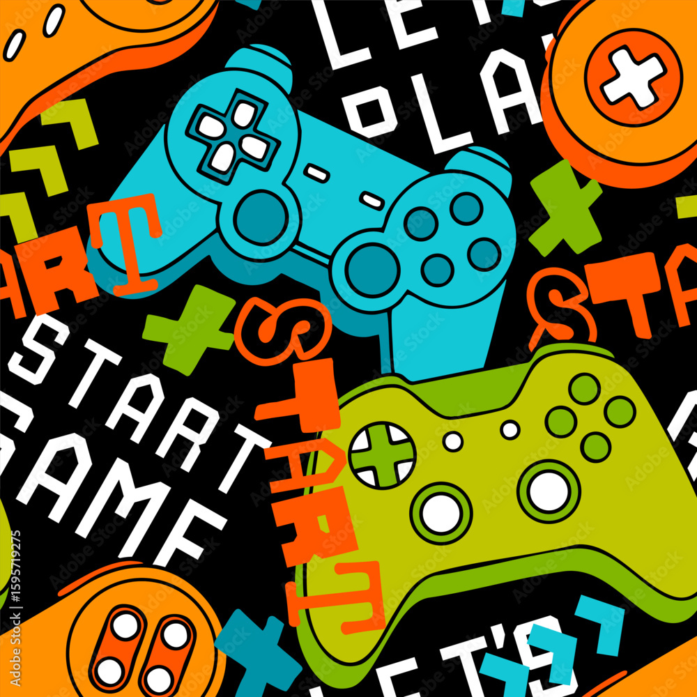 Poster seamless abstract pattern with joysticks game and words. bright neon colorful vector print for boys.