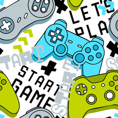 Seamless abstract pattern with joysticks game and words. Bright neon colorful vector Print for boys. © artlavi_design