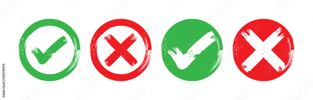 Fototapete Set of tick and cross brush icon collection. Grunge brush stroke checkboxes with tick and cross symbols. Hand drawn checklist symbols. Green check mark and red cross mark vector icons. EPS 10.