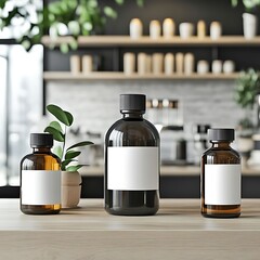 Amber bottles with cafe background. (2)