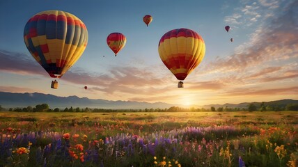 Obraz premium Colorful Hot Air Balloons Soaring Above Wildflower Field at Sunset — Serene, Picturesque Landscape with Golden Light, Blooming Flowers, and Majestic Sky Views