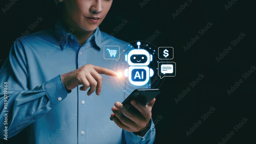 Poster man interacting with ai chatbot on smartphone for shopping and customer service online