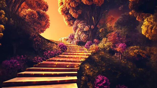 Golden steps winding through a vibrant, fantastical garden bathed in warm light