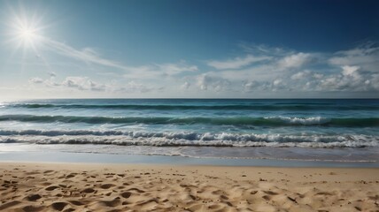 Fototapeta premium Sea and Beach Backdrop with Blank Space for Text — Minimal Coastal Background Featuring Soft Sand, Gentle Waves, and Clear Blue Sky Ideal for Summer Design Layouts