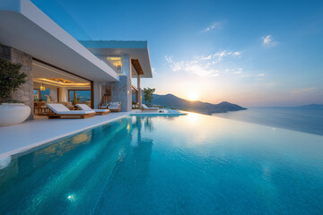 Fototapeta premium Luxury Villa Overlooking Ocean at Sunset