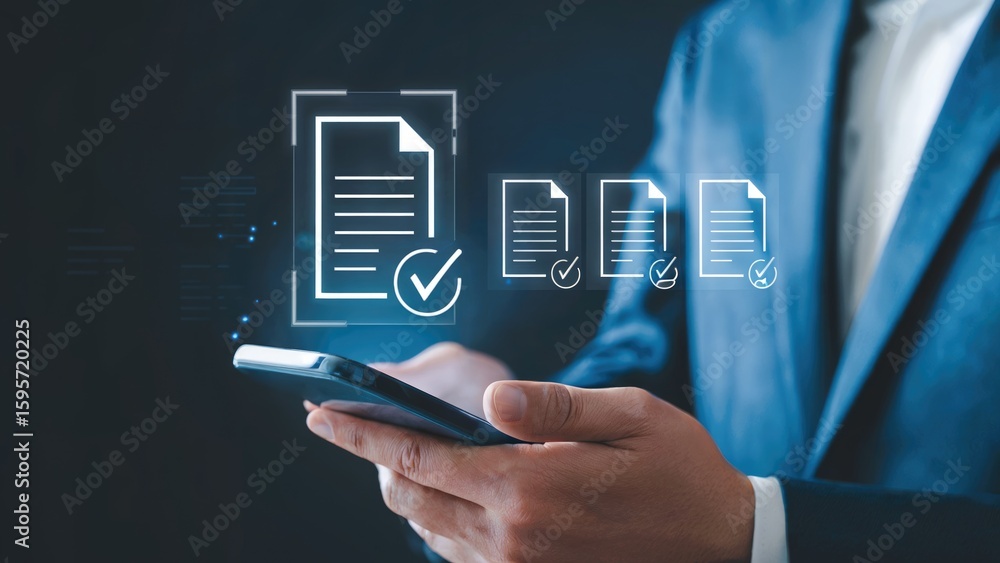 Poster businessman using mobile to approve documents with checklist icons for business efficiency
