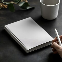 Blank Notebook with Pen, Coffee, and Desk.