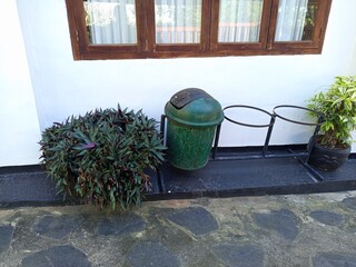 flowers in pots and rubbish bin