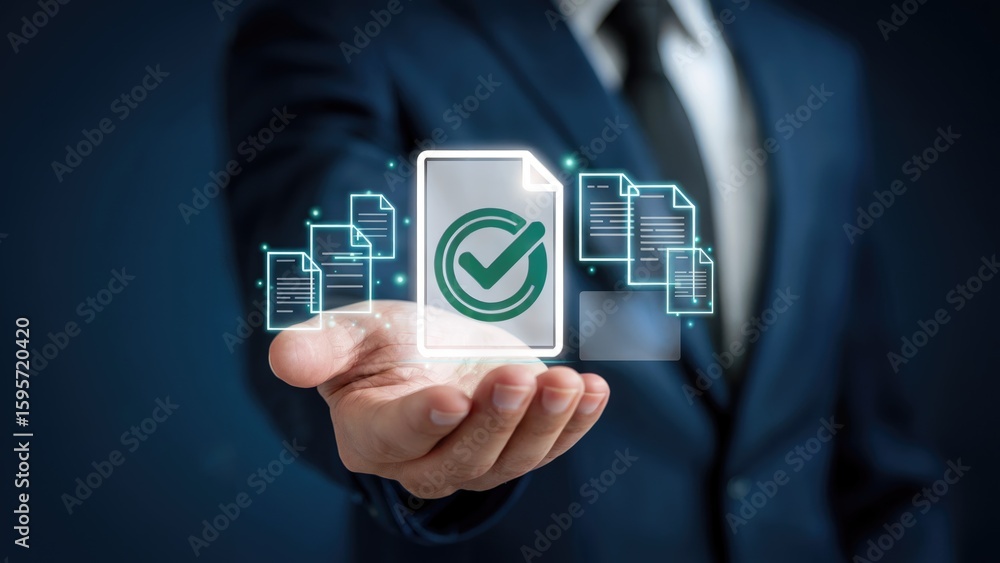 Poster businessman holding document with checkmark, showing approval and verification process
