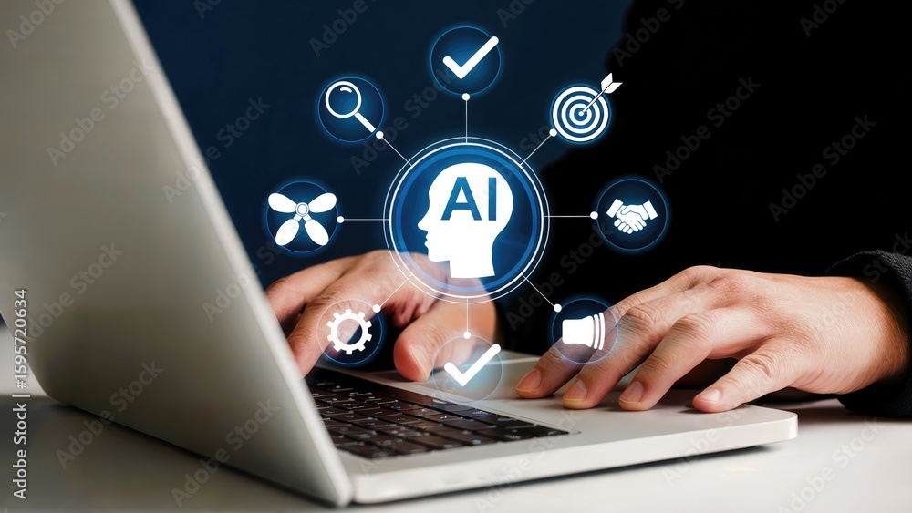 Poster typing on laptop with ai icons surrounding head, representing artificial intelligence technology