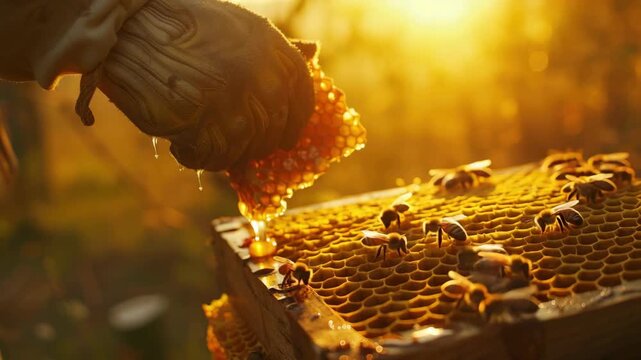 A beekeeper handling a frame filled with fresh honeycomb, revealing the golden sweetness of nature's labor.