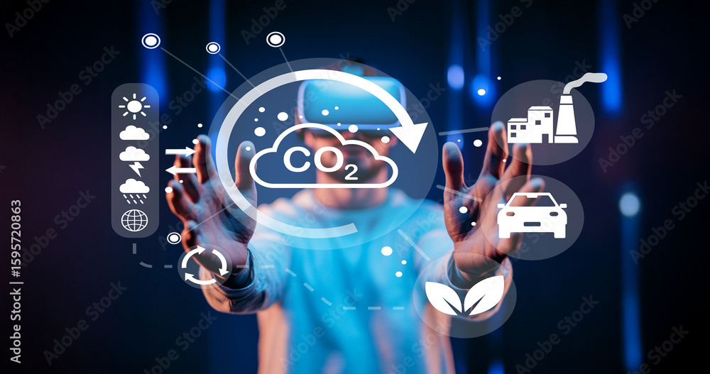 Poster man reaching out with floating carbon dioxide icons and environmental graphics representing climate 