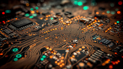 Circuit board closeup with intricate electronic pathways