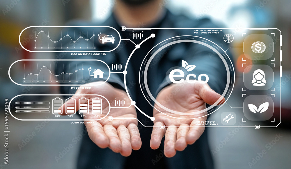 Poster hands presenting eco-friendly technology and data visualization concepts in a modern urban environme