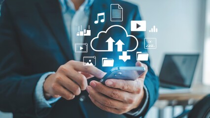 Business man using smartphone with cloud computing storage and file transfer icons