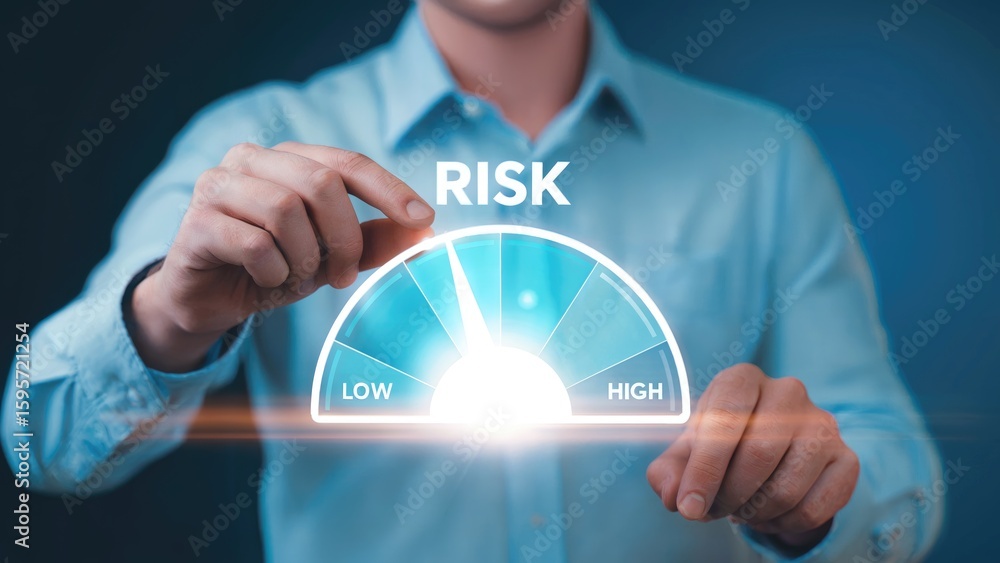 Poster risk level displayed on a gauge from low to high with a business person holding it