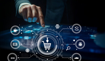 Modern digital shopping experience with interactive touchscreen, displaying shopping cart symbol...