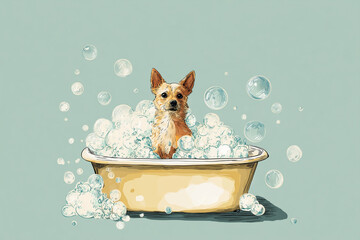 Cute Dog Enjoying Bath in Bubble Tub