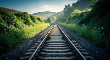 Fototapeta premium Perspective view of railroad tracks stretching into the distance with nature surroundings