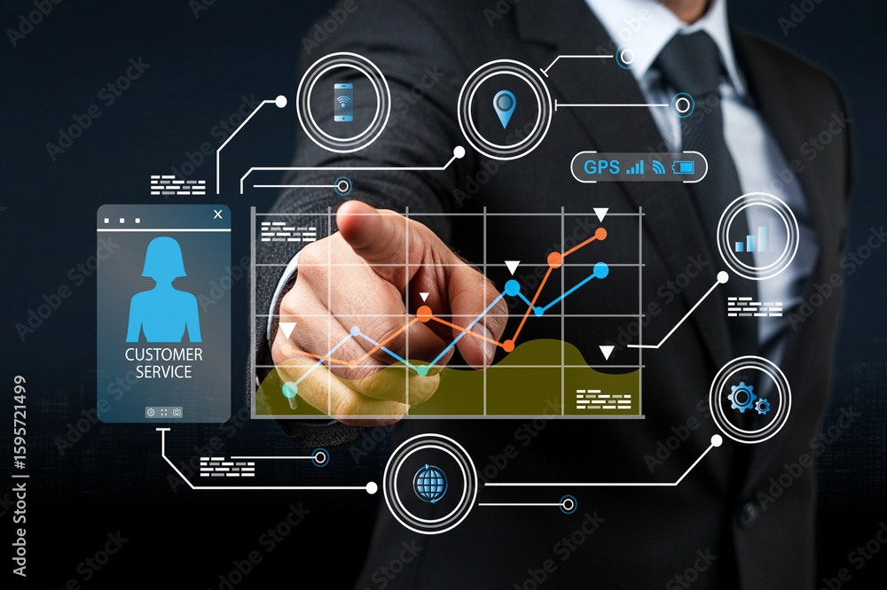 Poster business professional presenting digital dashboard with graphs, icons, and customer service interfac