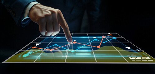 Business Analyst Examining Digital Data Visualization With Graphs and Charts to Make Informed...