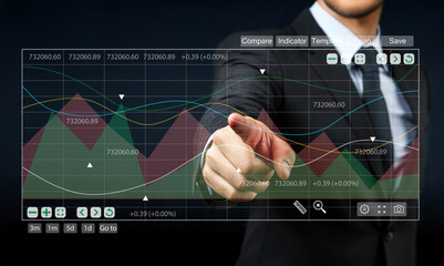 Businessman Using Digital Interface to Analyze Stock Market Trends with Graphs and Data Points...