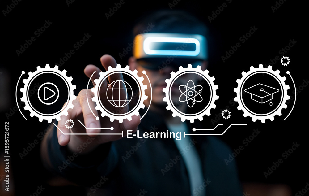 Poster futuristic e-learning concept with virtual reality headset and interactive icons representing educat