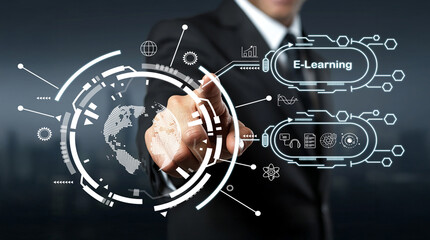 Modern Businessman Interacting with Digital E-Learning Interface and Global Connectivity Visualized Through Futuristic Graphics and Touch Screen Technology
