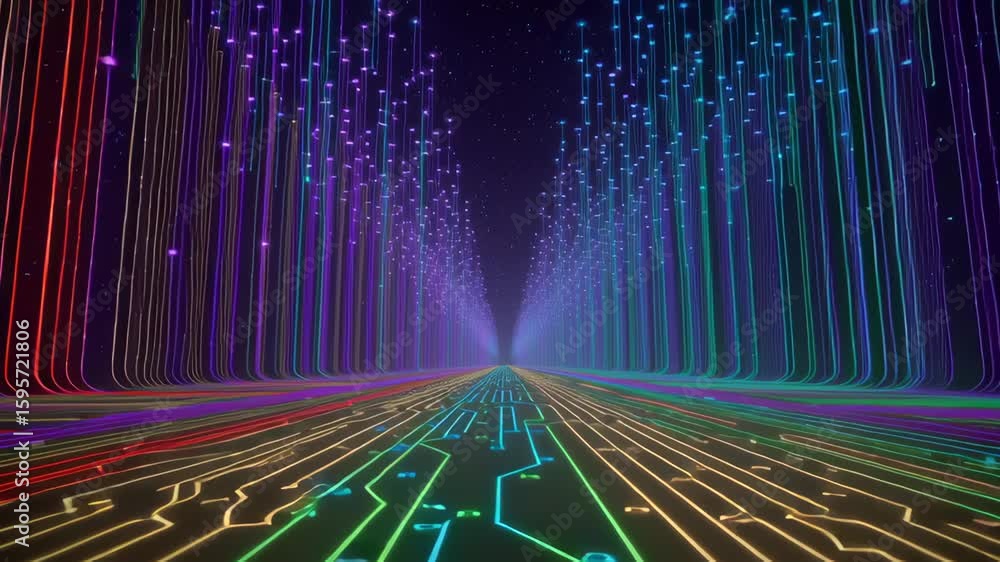 Poster futuristic digital landscape featuring glowing lines and circuits, creating illuminated pathway