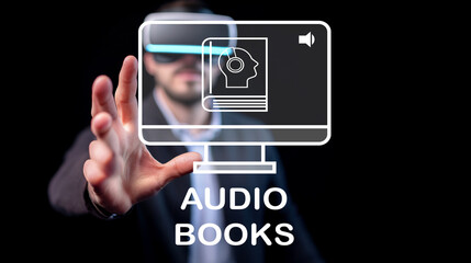 Man using virtual reality headset interacting with digital audio books interface on a computer...