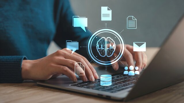 Hands typing on laptop with LLM brain icon and digital network of files and communications
