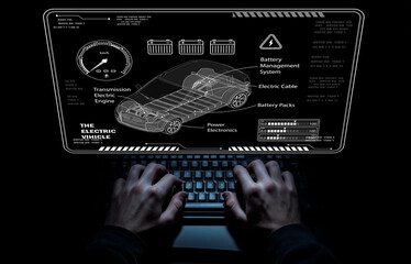 Advanced Electric Vehicle Technology Interface with Battery Management System and Power Electronics Displayed on Digital Screen