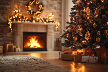 fireplace with christmas tree and decorations