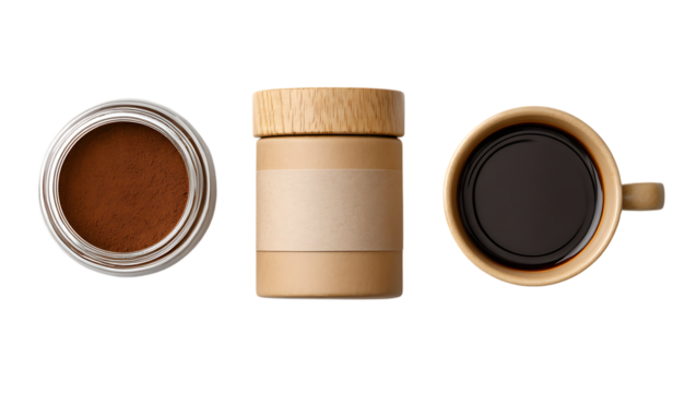 A coffee bag mockup featuring an empty jar and green leaves, presented in a flat lay composition.