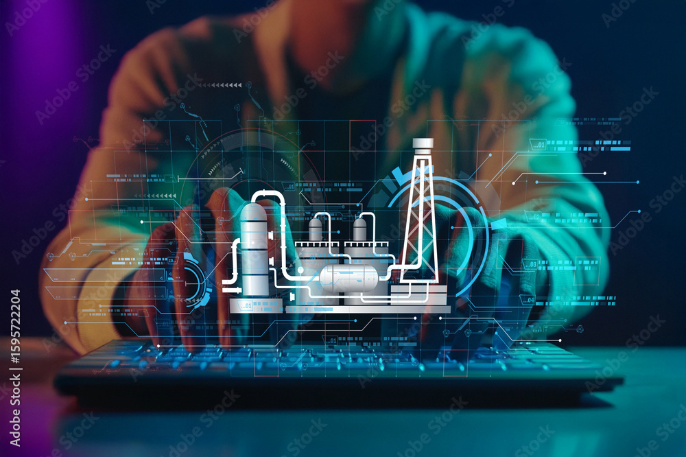 Poster modern technology in industrial operations with digital interface and data visualization overlays, c