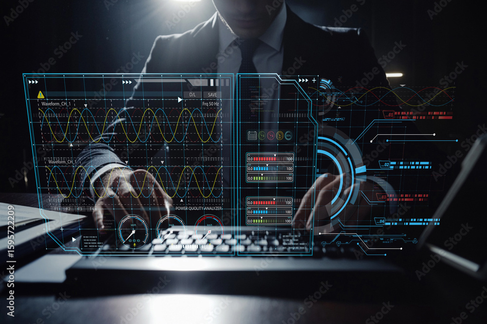 Poster professional in suit analyzing data with futuristic digital interface in dark environment, modern bu
