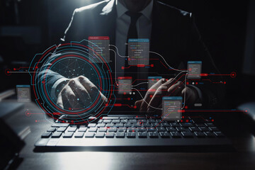 Businessman Typing on Keyboard with Futuristic Data Visualization and Graphical Interface in Dark Office Environment