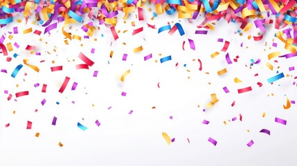 Colorful confetti and streamers falling on white background