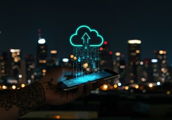 Cloud upload concept visualized with a smartphone and city lights background, highlighting digital connectivity