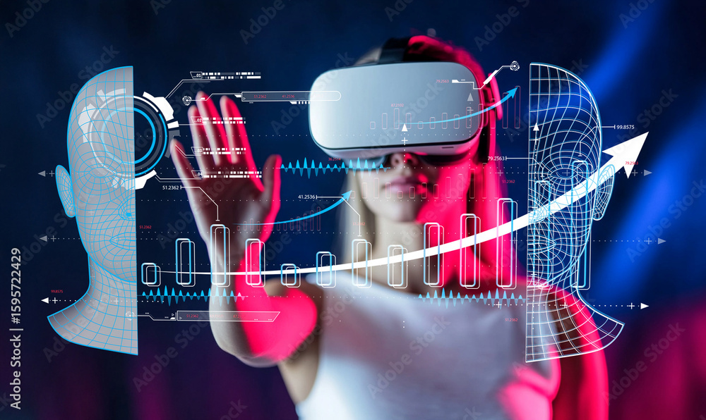 Aufkleber woman engaging in virtual reality experience with interactive digital interface and futuristic eleme