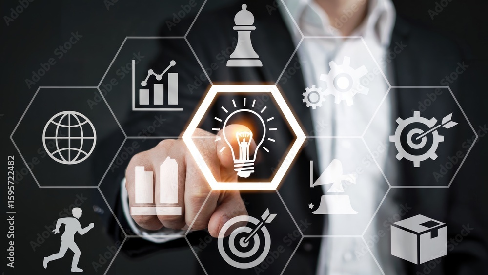 Poster businessman touching lightbulb on screen with business strategy icons in a hexagonal grid