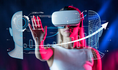 Woman Engaging in Virtual Reality Experience with Interactive Digital Interface and Futuristic...
