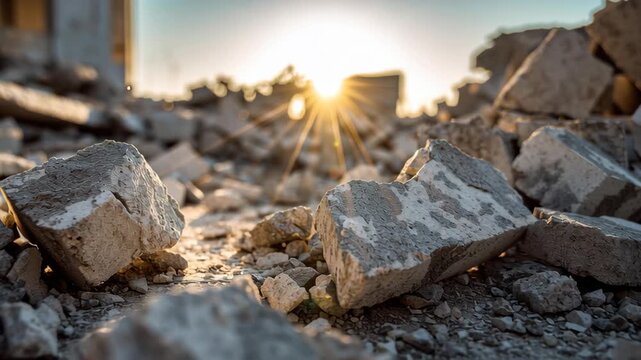 Destruction Debris and Sunlight Create Dramatic Ruins Filled with Hope Amidst Rubble
